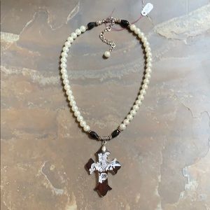 NWT Clearly Faith Glass Cut Cross & Pearl Necklace